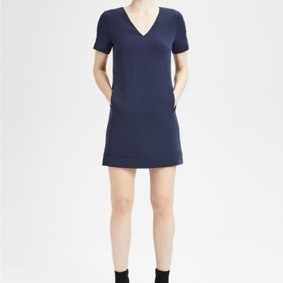 Theory • V-Neck Banded Shift Dress Blue Admiral Crepe Light - Picture 1 of 8